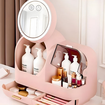 Boîte de Rangement Cosmétique avec Miroir et Ventilateur LED