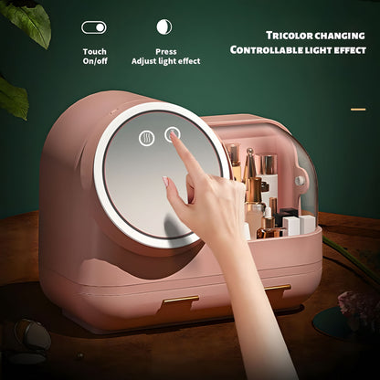 Boîte de Rangement Cosmétique avec Miroir et Ventilateur LED